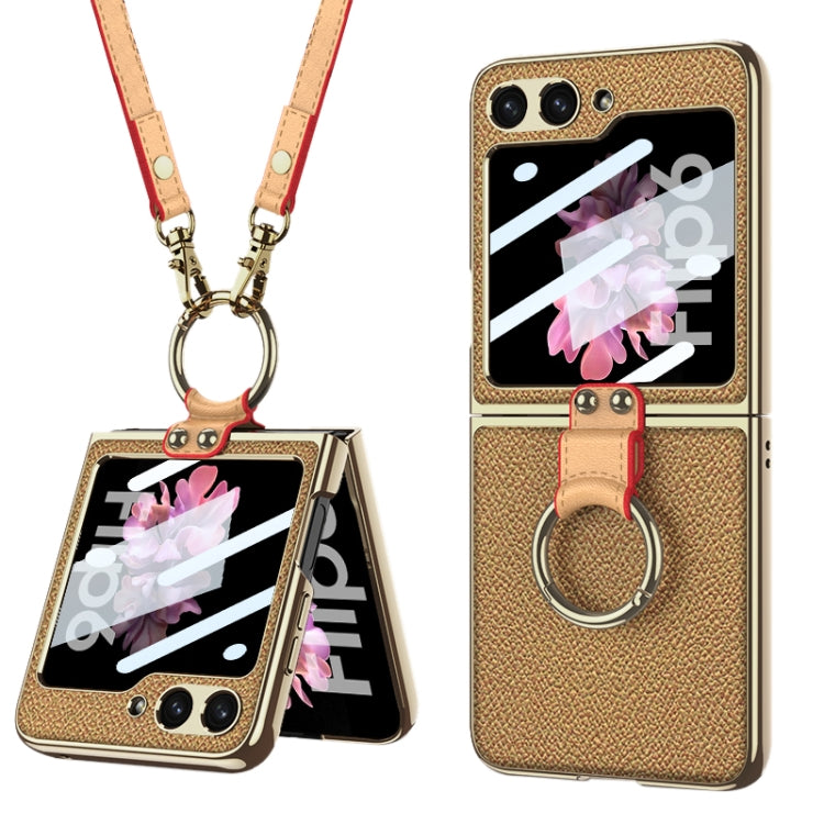 For Samsung Galaxy Z Flip6 / Flip7 FE GKK Integrated Electroplating Leather Phone Case with Ring/Strap(Yellow)