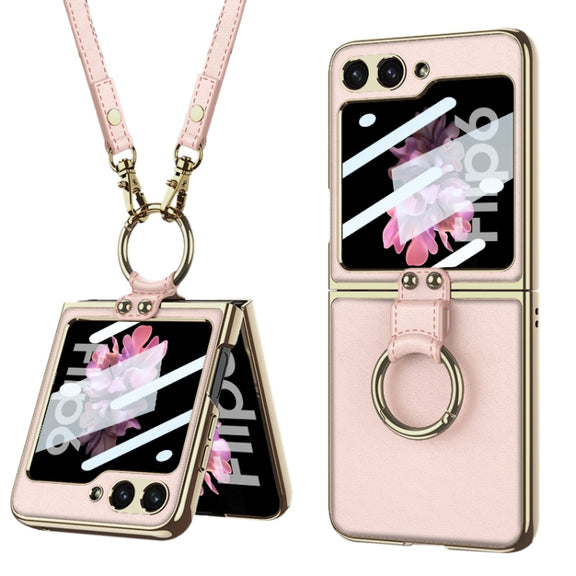 For Samsung Galaxy Z Flip6 / Flip7 FE GKK Integrated Electroplating Leather Phone Case with Ring/Strap(Pink)