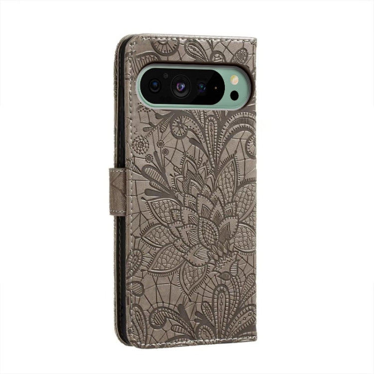 For Google Pixel 9 Lace Flower Embossing Flip Leather Phone Case(Grey)