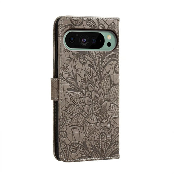 For Google Pixel 9 Lace Flower Embossing Flip Leather Phone Case(Grey)