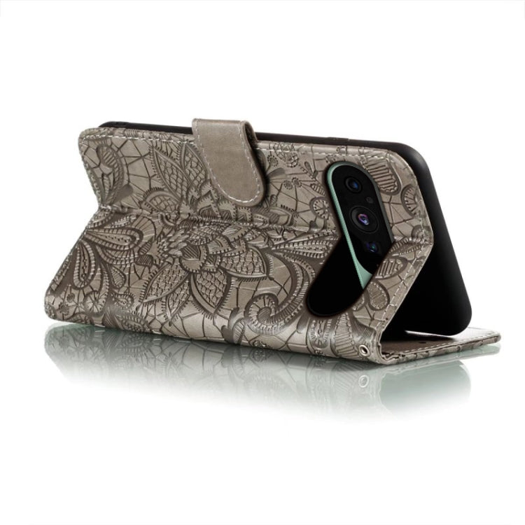 For Google Pixel 9 Lace Flower Embossing Flip Leather Phone Case(Grey)