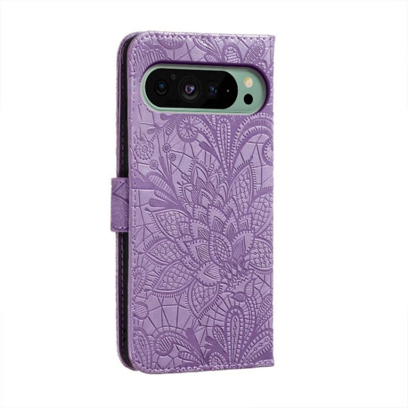 For Google Pixel 9 Lace Flower Embossing Flip Leather Phone Case(Purple)