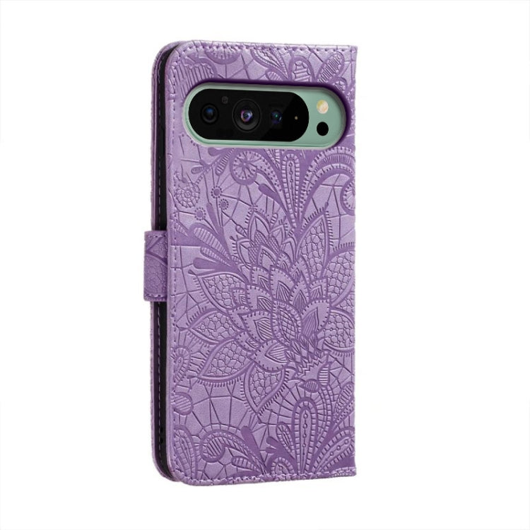For Google Pixel 9 Lace Flower Embossing Flip Leather Phone Case(Purple)