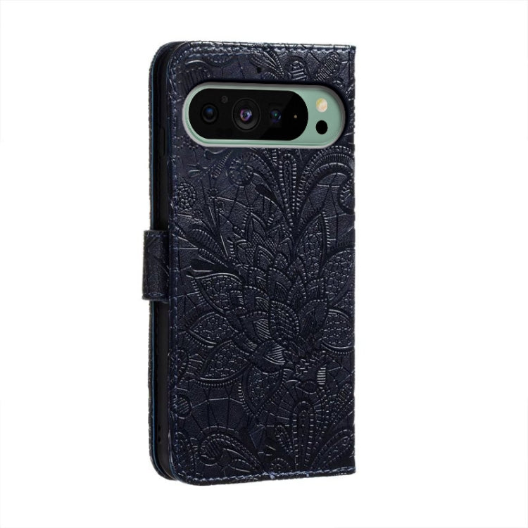 For Google Pixel 9 Lace Flower Embossing Flip Leather Phone Case(Dark Blue)