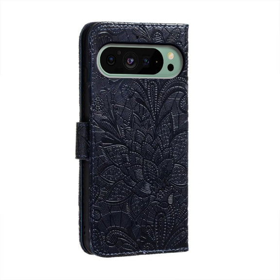 For Google Pixel 9 Lace Flower Embossing Flip Leather Phone Case(Dark Blue)