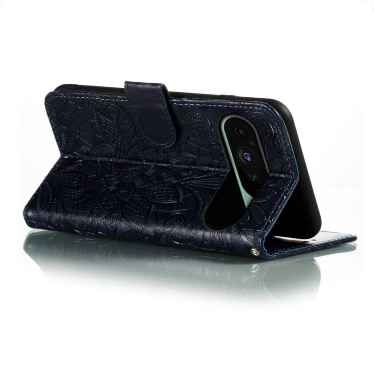 For Google Pixel 9 Lace Flower Embossing Flip Leather Phone Case(Dark Blue)