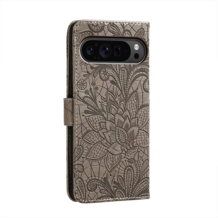 For Google Pixel 9 Pro Lace Flower Embossing Flip Leather Phone Case(Grey)