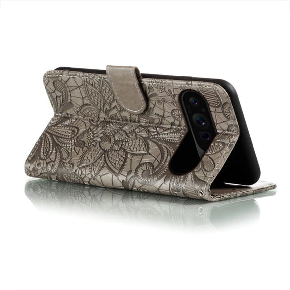 For Google Pixel 9 Pro Lace Flower Embossing Flip Leather Phone Case(Grey)