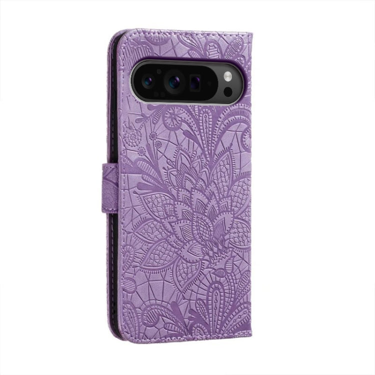 For Google Pixel 9 Pro Lace Flower Embossing Flip Leather Phone Case(Purple)