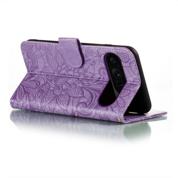 For Google Pixel 9 Pro Lace Flower Embossing Flip Leather Phone Case(Purple)