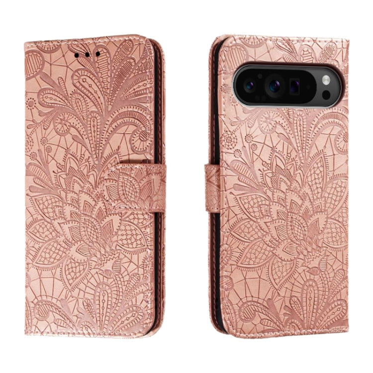 For Google Pixel 9 Pro Lace Flower Embossing Flip Leather Phone Case(Rose Gold)