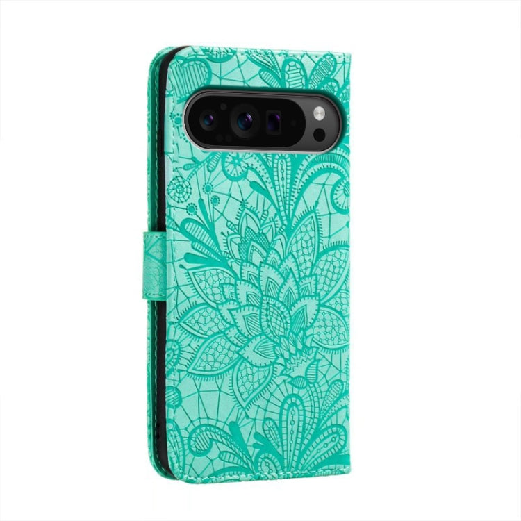For Google Pixel 9 Pro Lace Flower Embossing Flip Leather Phone Case(Green)
