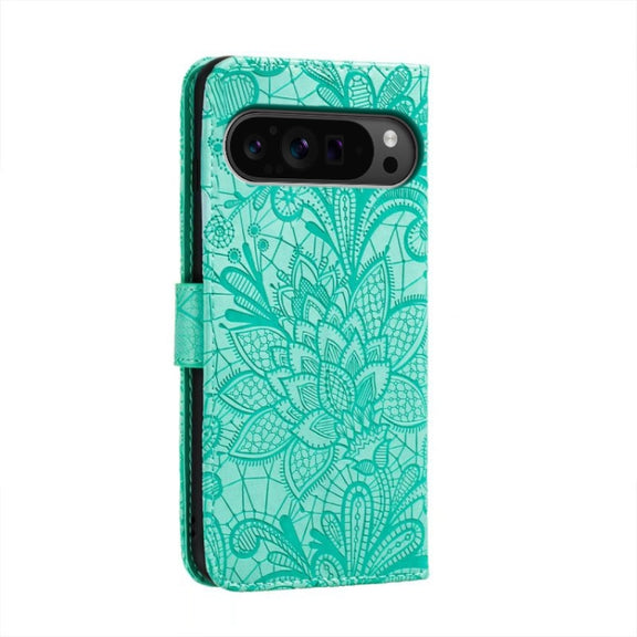 For Google Pixel 9 Pro Lace Flower Embossing Flip Leather Phone Case(Green)