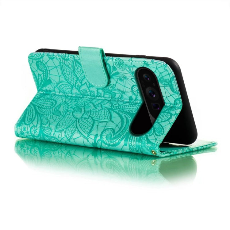 For Google Pixel 9 Pro Lace Flower Embossing Flip Leather Phone Case(Green)