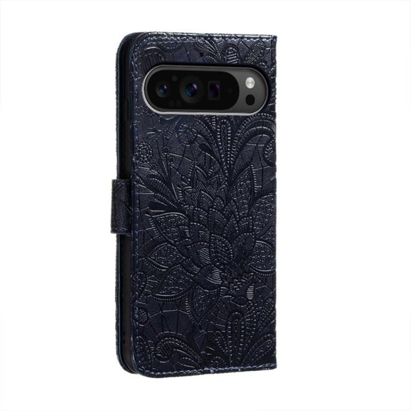 For Google Pixel 9 Pro Lace Flower Embossing Flip Leather Phone Case(Dark Blue)