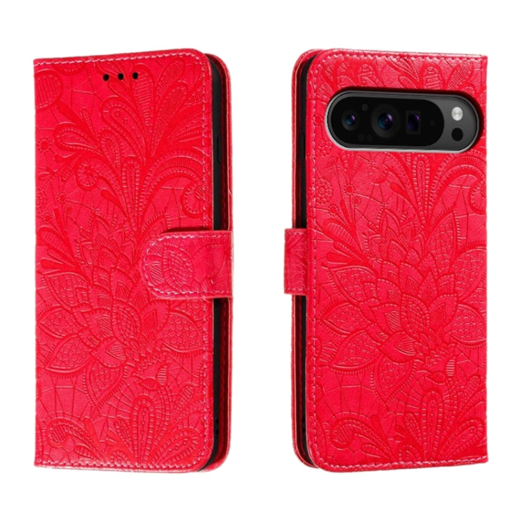 For Google Pixel 9 Pro Lace Flower Embossing Flip Leather Phone Case(Red)