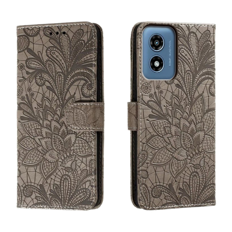 For Motorola Moto G Play 2024 Lace Flower Embossing Flip Leather Phone Case(Grey)