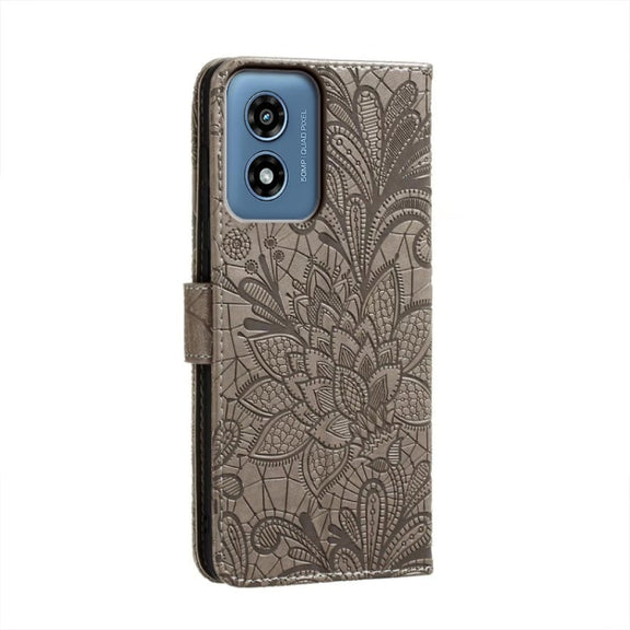 For Motorola Moto G Play 2024 Lace Flower Embossing Flip Leather Phone Case(Grey)