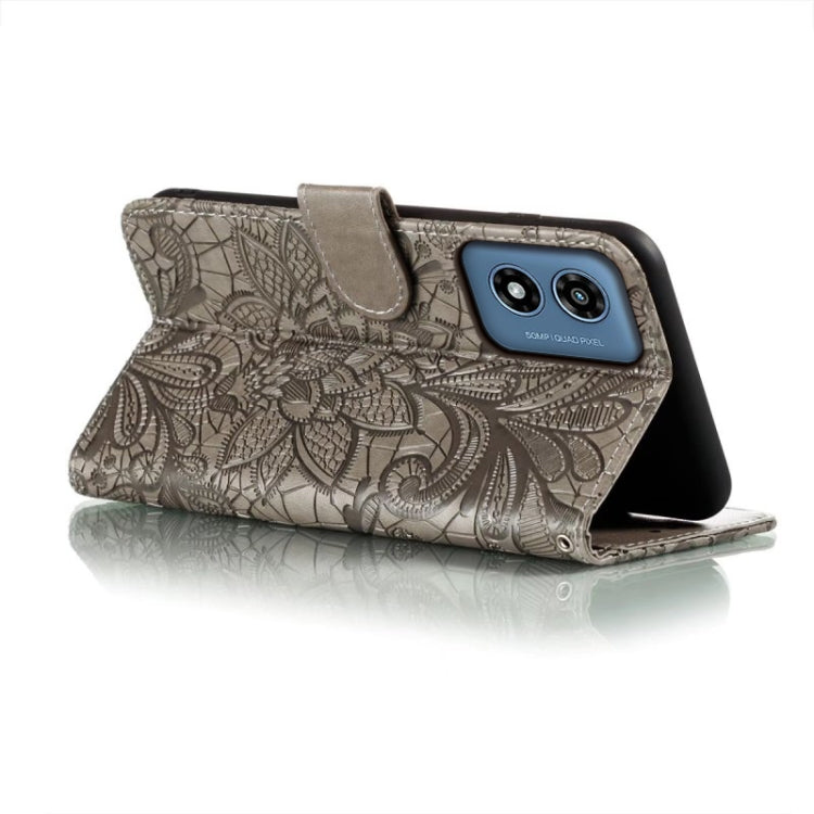For Motorola Moto G Play 2024 Lace Flower Embossing Flip Leather Phone Case(Grey)