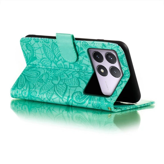 For Xiaomi Redmi K70 Lace Flower Embossing Flip Leather Phone Case(Green)