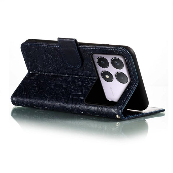 For Xiaomi Redmi K70 Lace Flower Embossing Flip Leather Phone Case(Dark Blue)