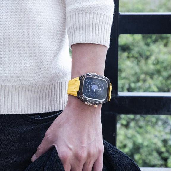 For Apple Watch Ultra 49mm Modified PC Hybrid TPU Watch Case Band(Yellow Clear Black)
