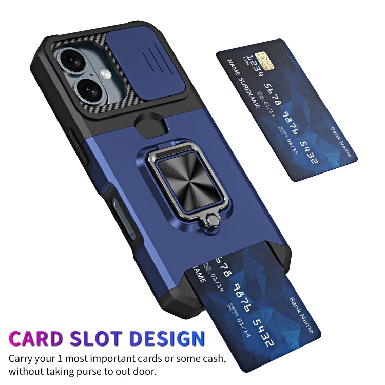 For iPhone 16 Camera Shield Card Slot PC+TPU Phone Case(Blue)