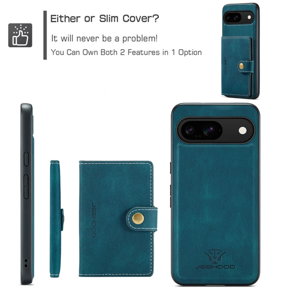 For Google Pixel 9 JEEHOOD J01 Retro Magnetic Detachable Wallet Phone Case(Blue)