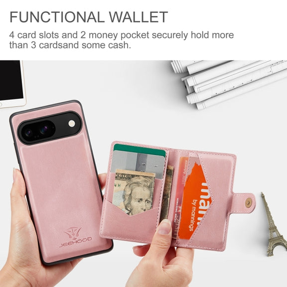 For Google Pixel 9 JEEHOOD J01 Retro Magnetic Detachable Wallet Phone Case(Pink)
