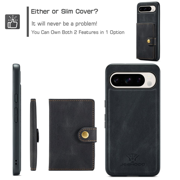 For Google Pixel 9 Pro JEEHOOD J01 Retro Magnetic Detachable Wallet Phone Case(Black)