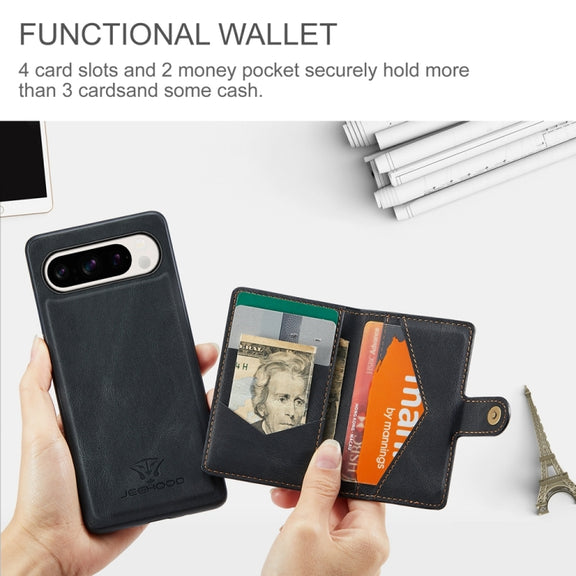For Google Pixel 9 Pro JEEHOOD J01 Retro Magnetic Detachable Wallet Phone Case(Black)