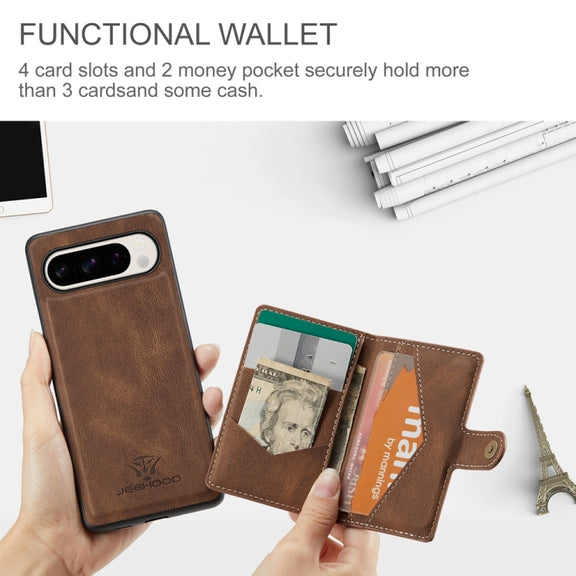 For Google Pixel 9 Pro JEEHOOD J01 Retro Magnetic Detachable Wallet Phone Case(Brown)