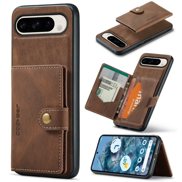 For Google Pixel 9 Pro JEEHOOD J01 Retro Magnetic Detachable Wallet Phone Case(Brown)