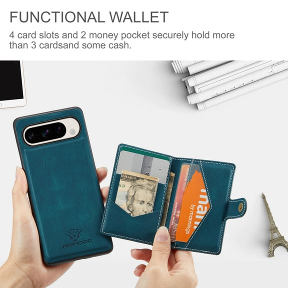 For Google Pixel 9 Pro JEEHOOD J01 Retro Magnetic Detachable Wallet Phone Case(Blue)