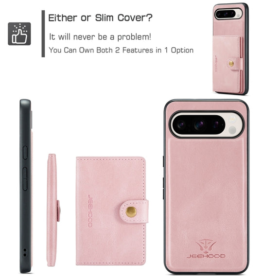 For Google Pixel 9 Pro JEEHOOD J01 Retro Magnetic Detachable Wallet Phone Case(Pink)