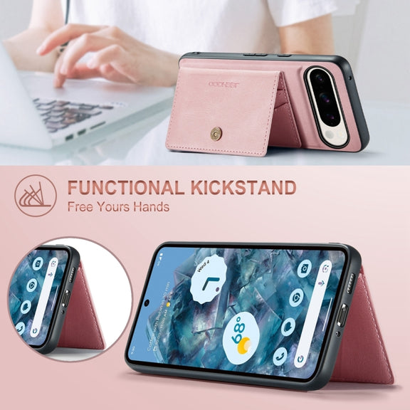 For Google Pixel 9 Pro JEEHOOD J01 Retro Magnetic Detachable Wallet Phone Case(Pink)