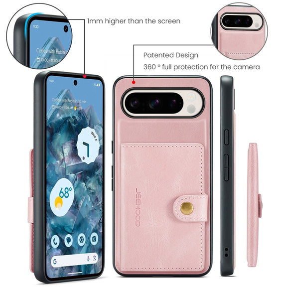 For Google Pixel 9 Pro JEEHOOD J01 Retro Magnetic Detachable Wallet Phone Case(Pink)