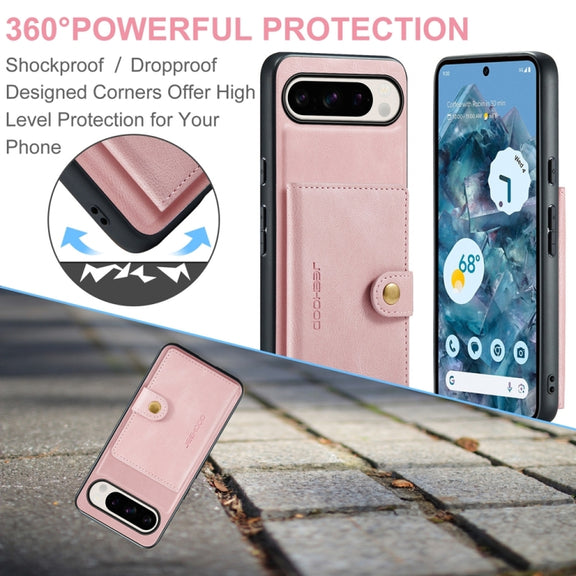 For Google Pixel 9 Pro JEEHOOD J01 Retro Magnetic Detachable Wallet Phone Case(Pink)