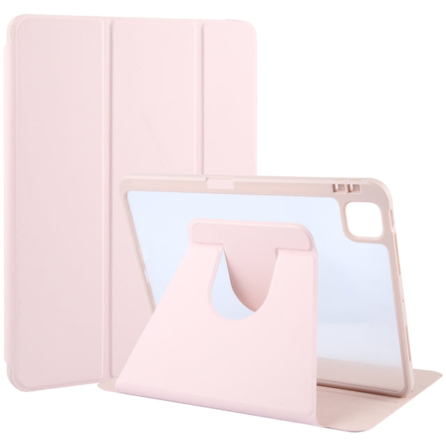 For iPad Air 11 2025 / 2024 / Air 5 GEBEI Acrylic TPU 3-folding Rotating Smart Tablet Leather Case withh Pen Slot(Pink)