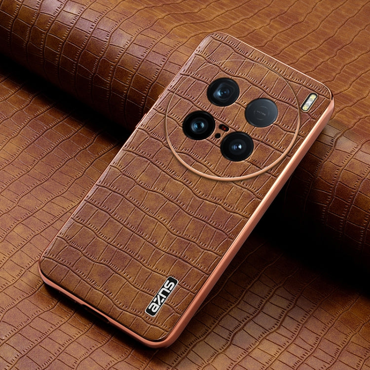 For vivo X100 Ultra AZNS Electroplated Frame Crocodile Texture Full Coverage Phone Case(Brown)