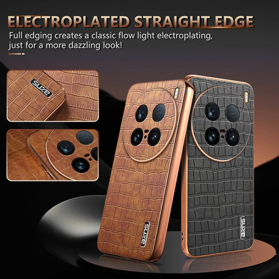 For vivo X100 Ultra AZNS Electroplated Frame Crocodile Texture Full Coverage Phone Case(Brown)