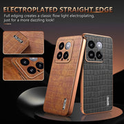 For Xiaomi 14 AZNS Electroplated Frame Crocodile Texture Full Coverage Phone Case(Brown)