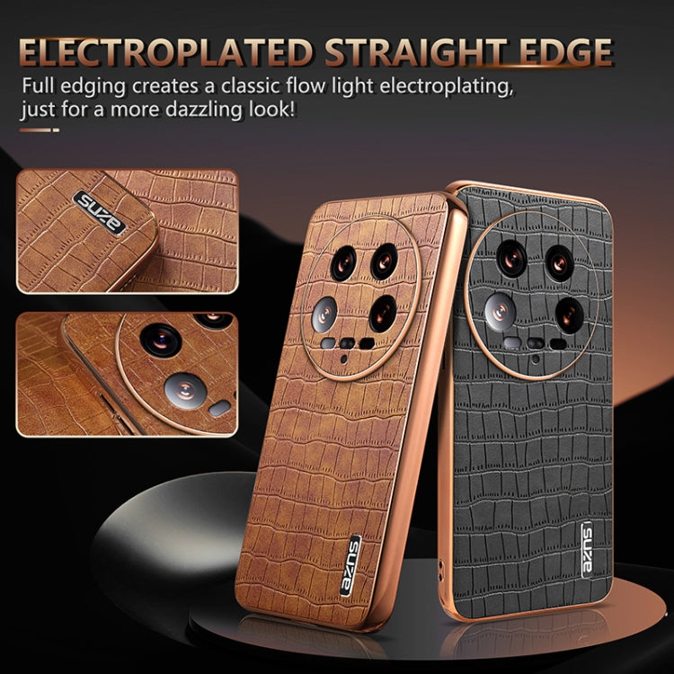 For Xiaomi 14 Ultra AZNS Electroplated Frame Crocodile Texture Full Coverage Phone Case(Brown)