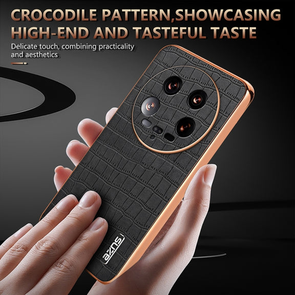 For Xiaomi 14 Ultra AZNS Electroplated Frame Crocodile Texture Full Coverage Phone Case(Brown)