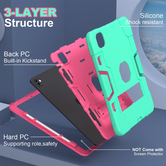 For iPad Pro 11 2024 Contrast Color Silicone Acrylic PC Tablet Case with Holder(Mint Green Rose Red)