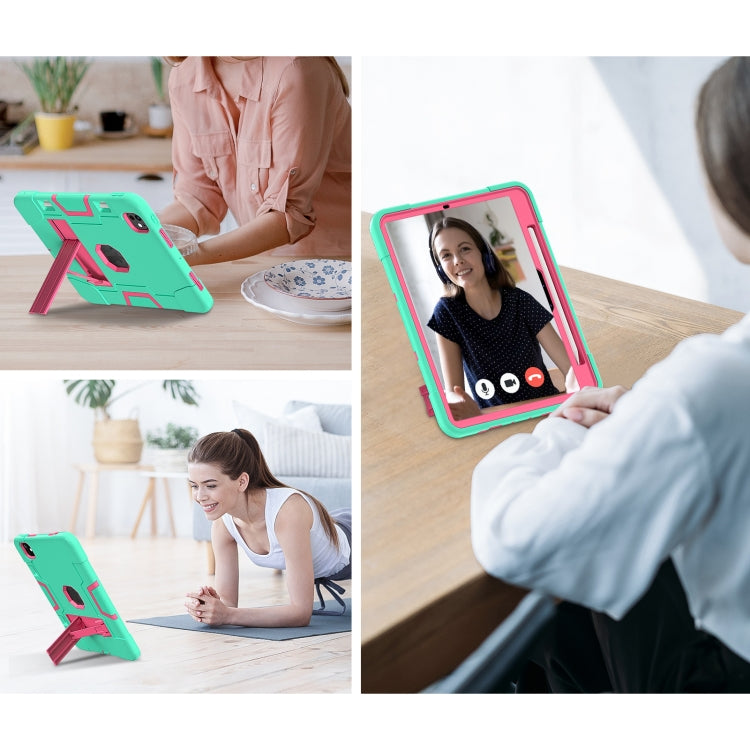 For iPad Pro 11 2024 Contrast Color Silicone Acrylic PC Tablet Case with Holder(Mint Green Rose Red)