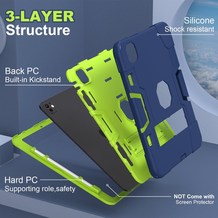 For iPad Pro 11 2024 Contrast Color Silicone Acrylic PC Tablet Case with Holder(Navy Blue Yellow Green)