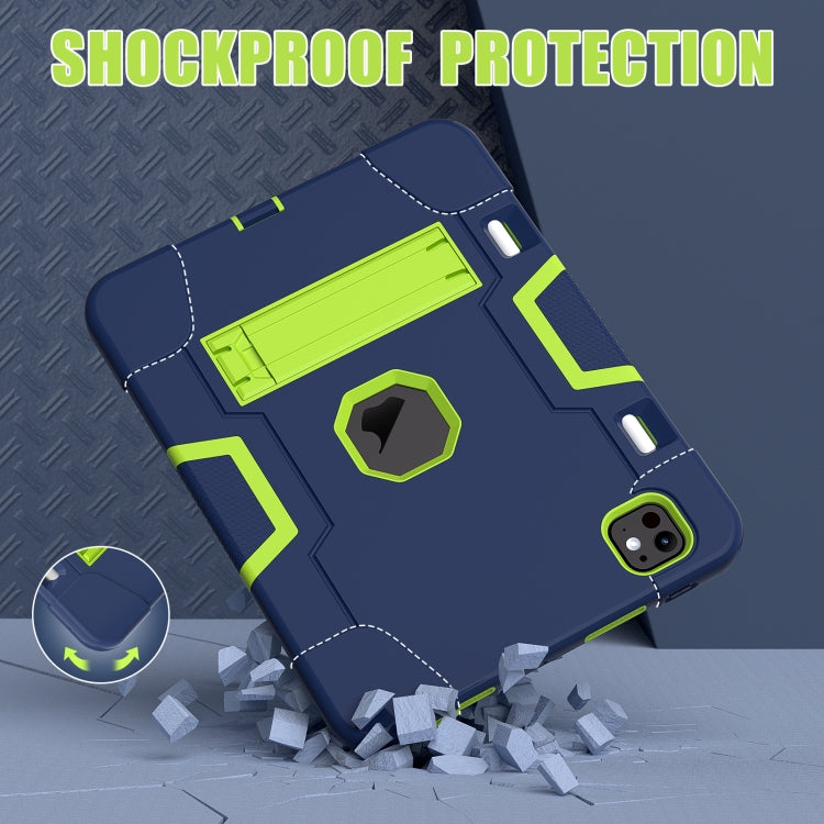 For iPad Pro 11 2024 Contrast Color Silicone Acrylic PC Tablet Case with Holder(Navy Blue Yellow Green)