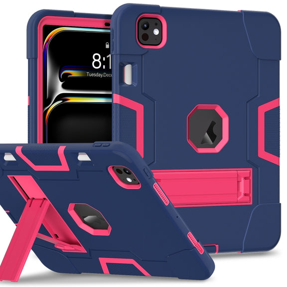 For iPad Pro 11 2024 Contrast Color Silicone Acrylic PC Tablet Case with Holder(Navy Blue Rose Red)