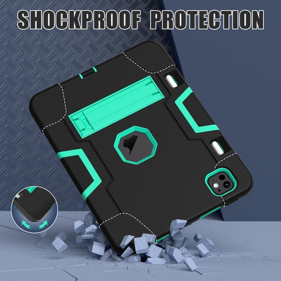 For iPad Pro 11 2024 Contrast Color Silicone Acrylic PC Tablet Case with Holder(Black Mint Green)